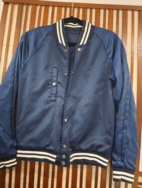 Vintage Burberry Navy Satin Bomber Jacket with White-Striped Rib Trim. Xs Size50